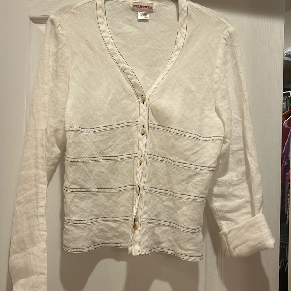 Linen top/ jacket size large white with navy blue stitching